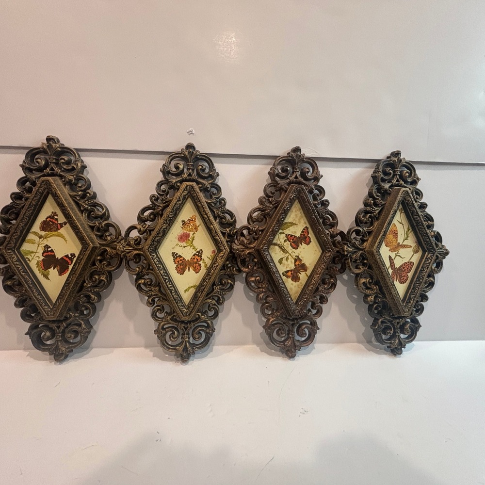 Vintage Set of 4 Ornate Butterfly Wall Art Plaques Gold Bronze Diamond Frames